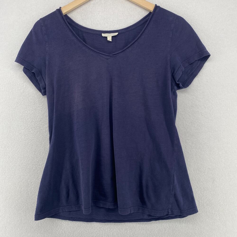 EILEEN FISHER Top S Slub Organic Cotton Jersey Rolled V-Neck Short Sleeve Blue